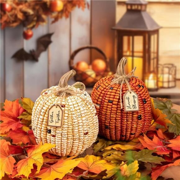 2PCS Decorative Corn Cob Pumpkins Resin Fake Pumpkins Autumn Home Rustic Decor - Picture 5 of 6